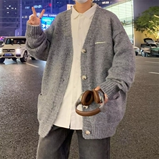 6312新款美式复古休闲灰色慵懒风V领针织衫毛衣男开衫外套，男装针织衫/毛衣，星座308A-1（原309B-1）