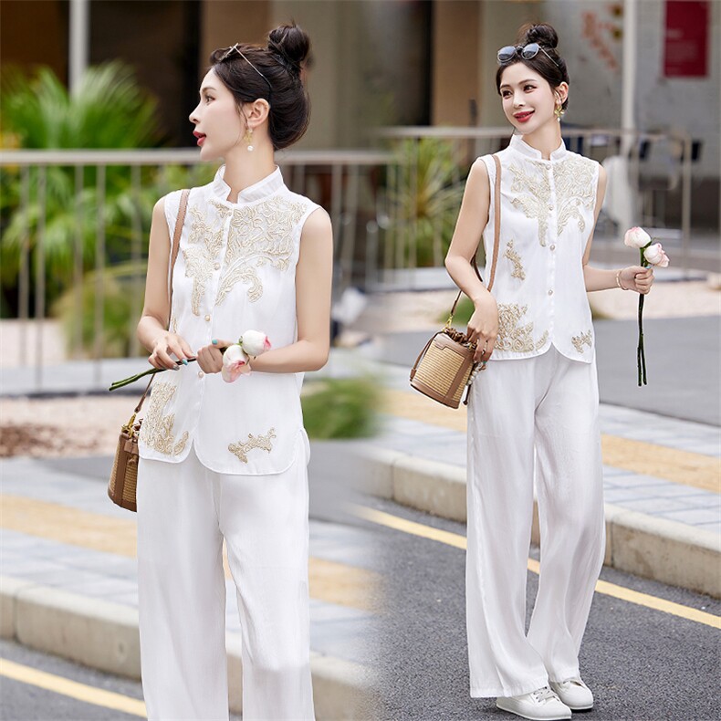 法Moaks新中式无袖马甲刺绣套装女夏季新款冰丝裤两件套，女装套装/套裙，采品优优