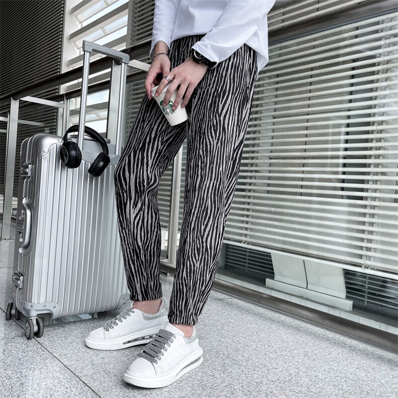 2025秋冬新款丝绒褶皱休闲裤男韩版潮流网红斑马纹社会小伙裤子，男装休闲裤，电商A327