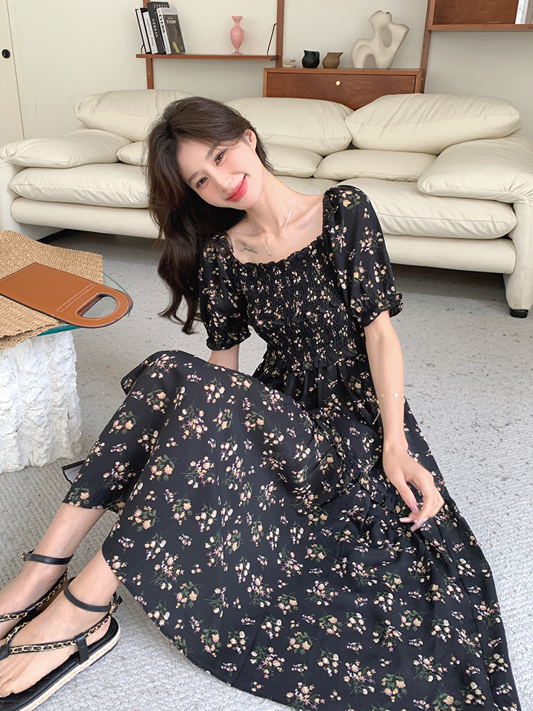 黑色茶歇法式碎花连衣裙女2025年夏季新款高级感收腰显瘦开叉长裙,女装连衣裙,浪娴服饰