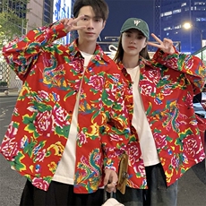 C203情侣大花长袖衬衫男女休闲衬衣新中式汉服团队服表演出宽松潮，男装衬衫，星座115A(原星座507）