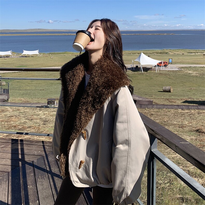 韩版大翻领工装派克服女2025年冬季新款宽松休闲加绒加厚保暖棉服,女装皮草,2B113