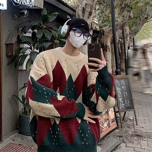 红色菱形格圣诞毛衣男秋冬慵懒风情侣外套高级感费尔岛撞色针织衫