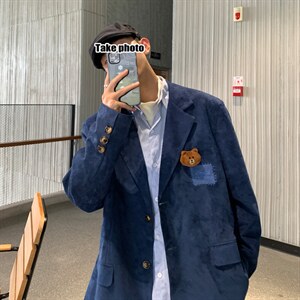 【2025秋冬】新款麂皮绒西服男小熊西装宽松韩版慵懒学院风外套,男装西服套装,星座112A