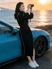 个性简约时尚减龄套装女春季新款连帽短款卫衣开叉半身长裙两件套，女装套装/套裙，江南