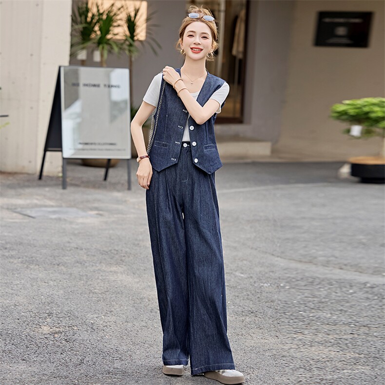 欧货时尚牛仔套装女高级感2025春夏新款气质显瘦马甲阔腿长两件套,女装套装/套裙,衣之秀