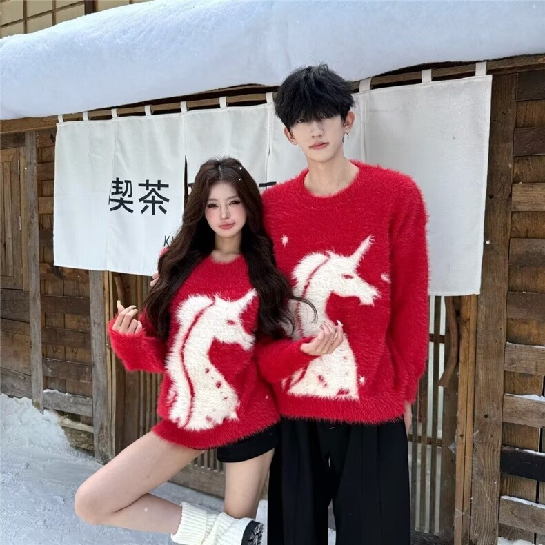 宽松气质慵懒时尚圆领针织衫秋冬季提花马年图案复古软糯情侣毛衣,男装针织衫/毛衣,星座1210-1