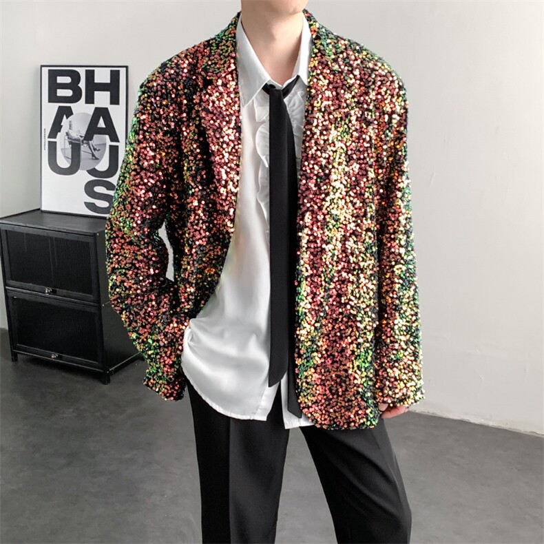 春装2026闪闪亮珠片彩色晚会年会舞台装男演出服西装夜店歌手外套,男装西服套装,星座909
