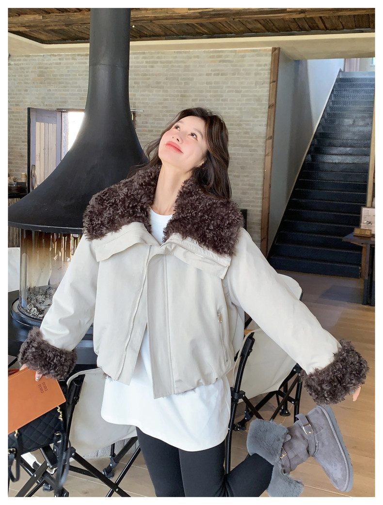 大翻领羊羔毛女冬小个子巨好看加厚工装外套，女装羊羔毛/颗粒绒，浙宝131