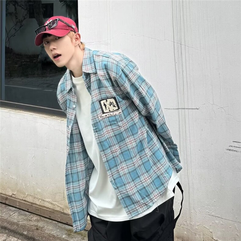 格子衬衫男女长袖青年复古痞帅潮百搭男装港风男士衬衣CS07/P45,男装衬衫,星座506