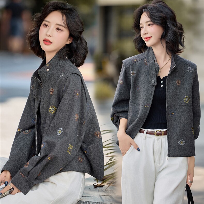高级灰立领刺绣毛呢外套女短款时尚夹克上衣2026年春季新款夹克衫，女装短外套，梦懿尔