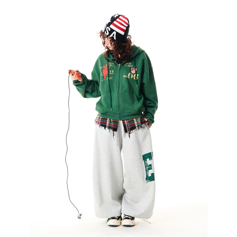 YOUNGSTAGE美式复古字母刺绣连帽卫衣女秋宽松百搭做旧帽衫上衣,男装卫衣,星座1210-1