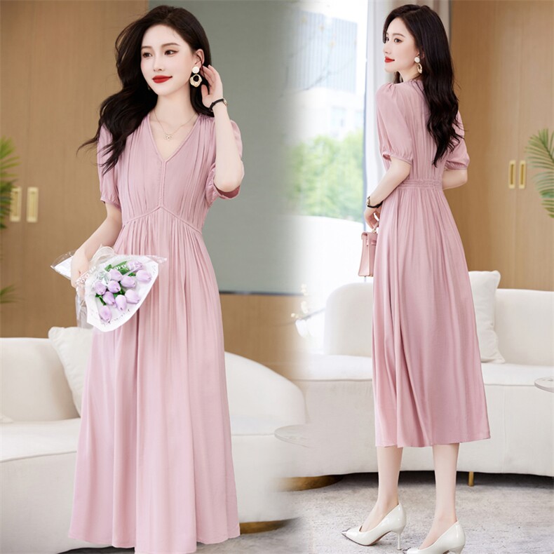 2023年V领韩版宽松收腰显瘦纯色中长款洋气A字连衣裙，女装连衣裙，卡杰菲