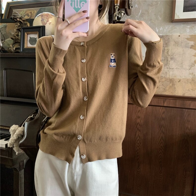 2024新秋季圆领宽松长袖毛针织衫女简约时尚刺绣针织开衫外搭上衣，女装针织衫/毛衣，美莎羊绒