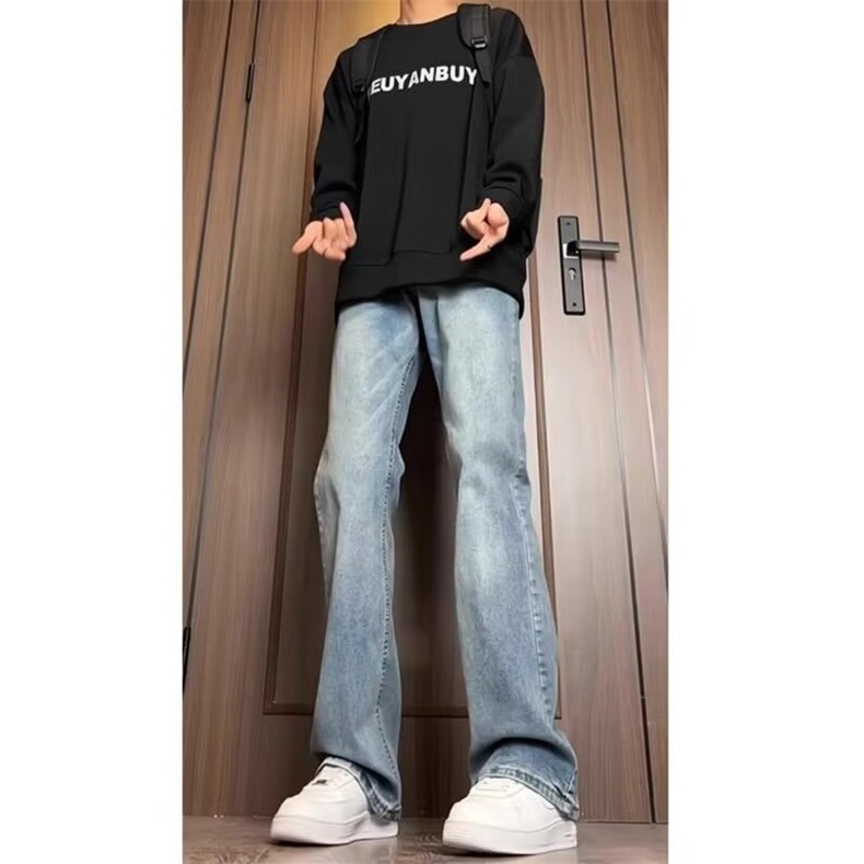 复古蓝牛仔裤男款夏季微喇叭裤直筒美式裤子高街水洗泥色做旧图片