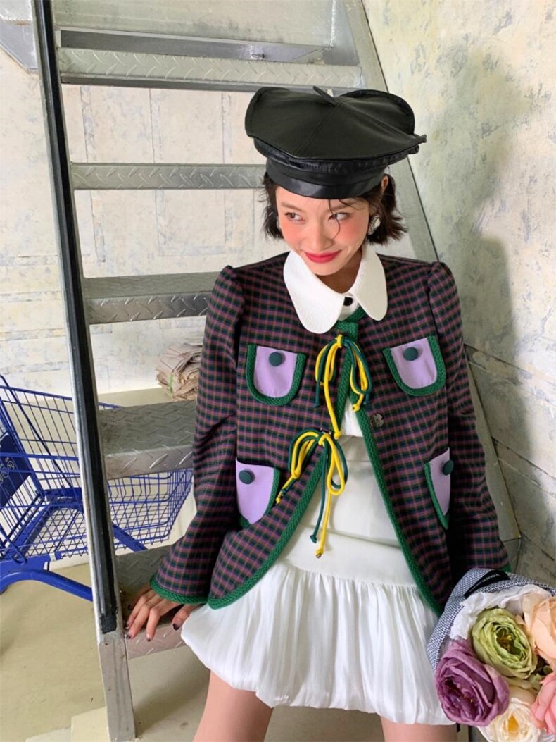 格纹撞色小外套，其它，YOUER DENG