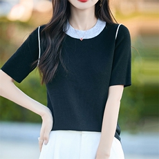 时尚撞色短袖t恤女夏季2025新款打底衫洋气大码女装冰丝针织上衣，女装T恤，思牵羊绒