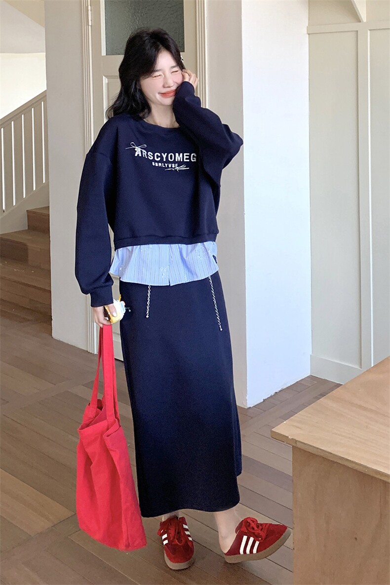 藏青色卫衣套装裙女春2025新款韩版印花长袖上衣A字半身裙两件套,女装套装/套裙,浙宝220