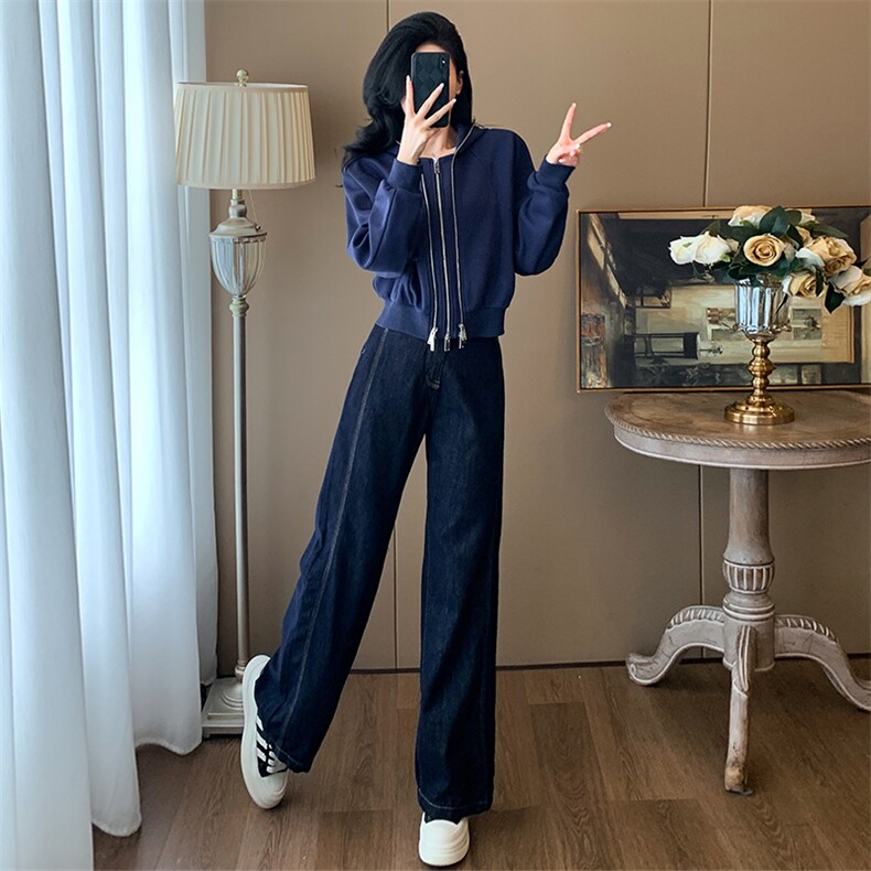 时尚女秋蓝色短款外套+高腰阔腿牛仔裤套装显瘦百搭气质穿搭,女装套装/套裙,江南