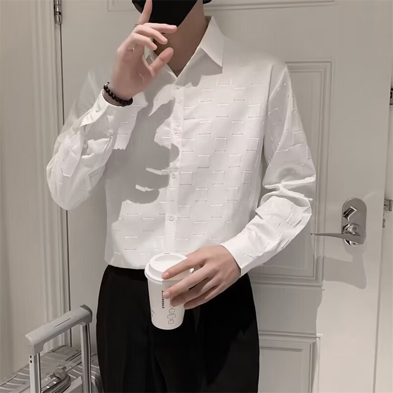 黑色衬衫男长袖格子纯色痞帅上衣外套休闲男装冰丝白衬衣C305,男装衬衫,星座1116A-2（原606A-1）