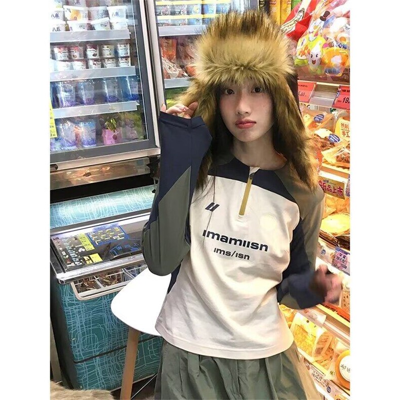 美式复古插肩袖t恤女撞色拼接球衣长袖半拉链运动上衣LCT300-P48,男装T恤,星座1008