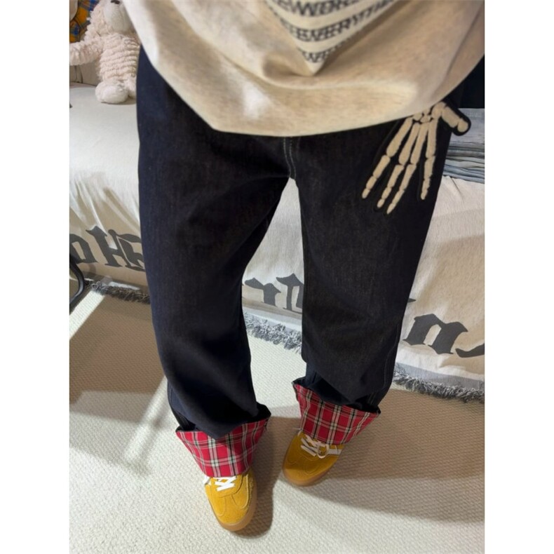 【有货】美式格子拼接卷边牛仔裤男女阔腿裤子NZ011LL-特P48,男装牛仔裤,星座1007（原301D）