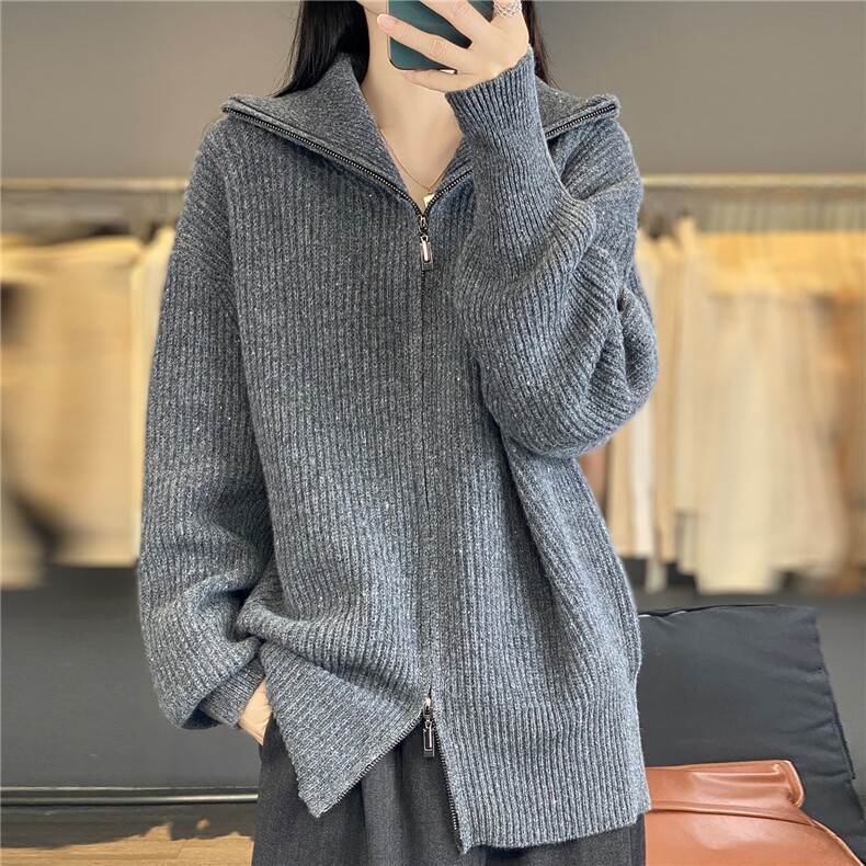 2025年秋季新款百搭元宝针珠片双拉链开衫，女装羊毛衫，优麦羊绒（原洪叶羊绒）