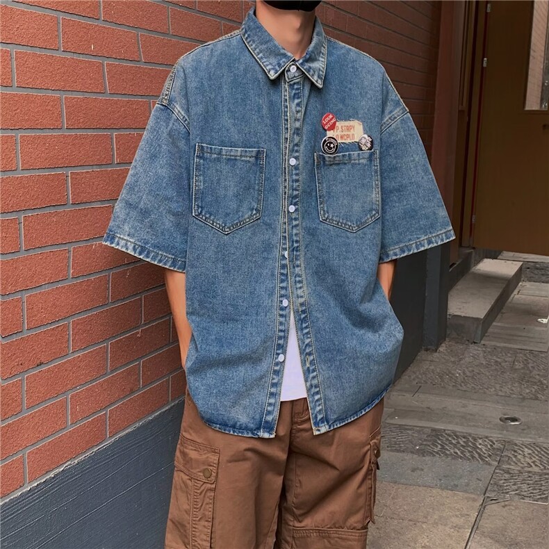 标准短袖潮流方领ins百搭潮男夏季原宿牛仔衬衫J1012P50,男装衬衫,星座1116-2