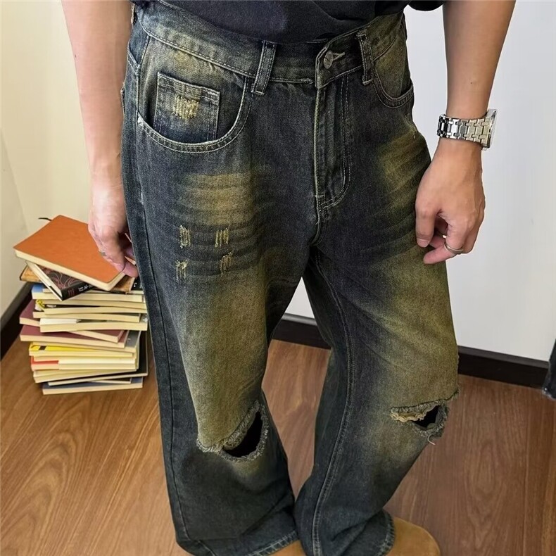 新款宽松美式复古炸街痞帅裤子水洗牛仔裤男长裤潮,男装牛仔裤,星座516A