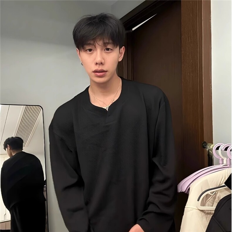 老钱风V领提花长袖t恤男雅痞男装痞帅风内搭打底衫卫衣ST715-P39,男装T恤,星座412-3