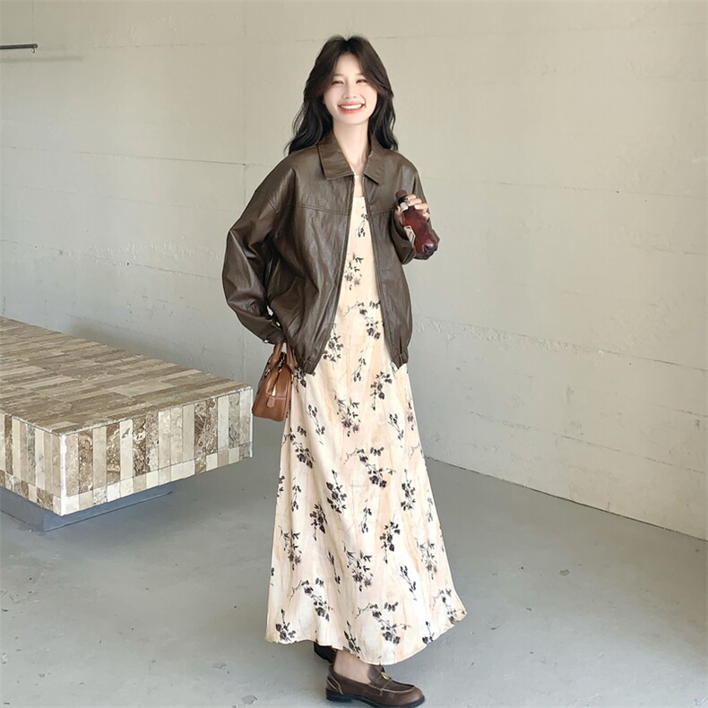 美拉德气质套装女2025秋季新款复古皮衣外套碎花吊带连衣裙两件套图片