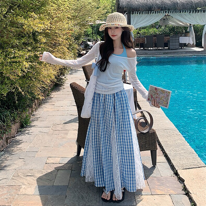 又a又飒2025套装甜美纯欲防晒罩衫吊带背心蕾丝拼接半身裙三件套图片