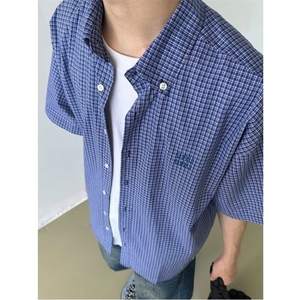 网络图现货！ 韩版潮流学院风复古宽松休闲短袖格子衬衫JC354-P35图片