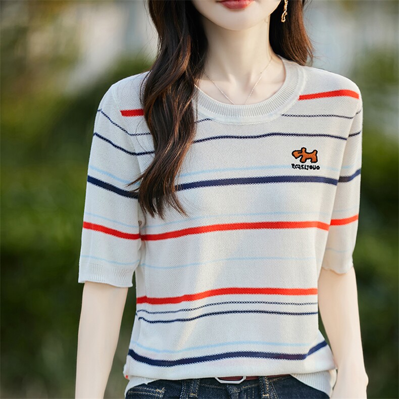 夏季新款女士简约时尚舒适天丝刺绣短袖,女装T恤,斯美雅电商供货