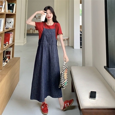 复古牛仔吊带连衣裙套装女2025夏季新款学院风减龄短袖T恤两件套，女装套装/套裙，2C012