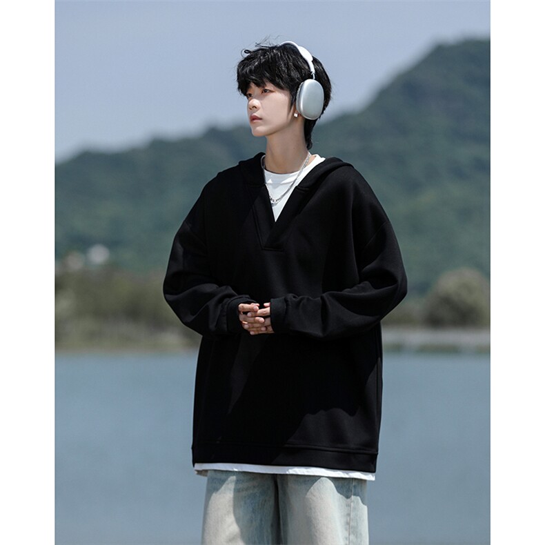 8XL-M叠穿假两件卫衣重磅连帽V领拼接套头衫宽松大码外套WY006P65,男装卫衣,电商B312