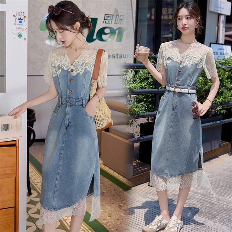欧货时尚连衣裙女夏季新款韩系洋气减龄蕾丝拼接牛仔开叉半身裙潮,女装连衣裙,慕依路