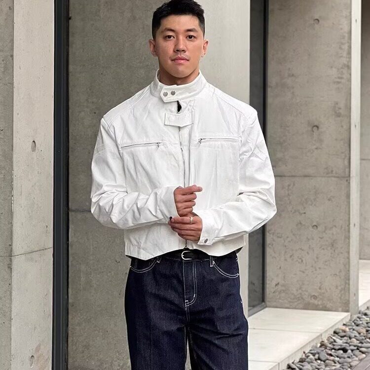 春秋新款韩版时髦高级复古拉链立领飞机夹克男士宽松短款垫肩外图片