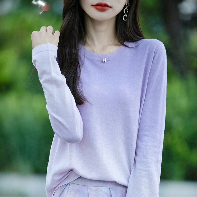 多巴胺长袖t恤女显瘦正肩打底衫薄款圆领针织衫渐变色超好看毛衣,针织衫/毛衣,佳绒包芯纱店
