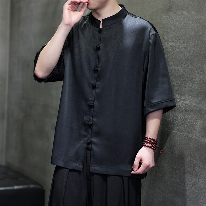 新款夏季缎面短袖衬衫风新中式五分袖男花纹半袖大码CS888P65，男装T恤，电商A021A