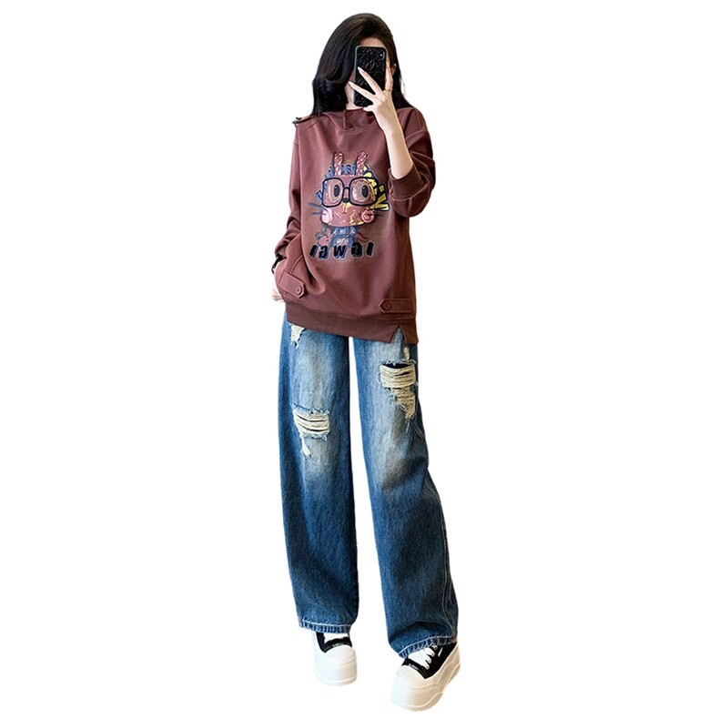 女春新款时尚减龄套装修宽松连帽刺绣卡通上衣破洞牛仔长裤两件套,女装套装/套裙,2C310