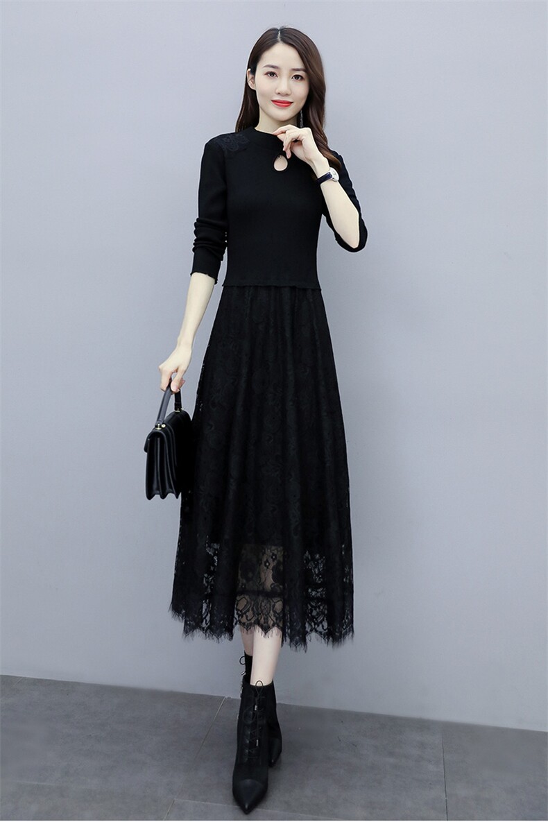 2023秋季新款半高领镂空线衣配蕾丝长款打底连衣裙，女装连衣裙，安之芮娜