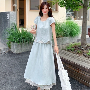 韩版蕾丝拼接上衣半身裙套装女2025夏季新款甜美显瘦超好看两件套图片