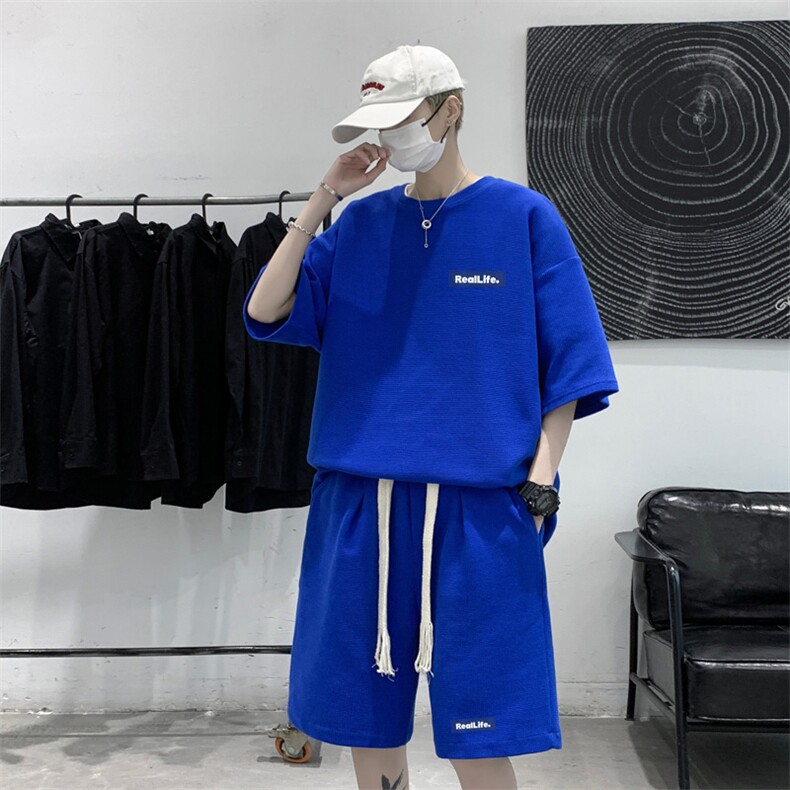 套装！夏季华夫格套装男T恤短裤两件套大码港风HDX323+HD323-P50,男装T恤,电商B371