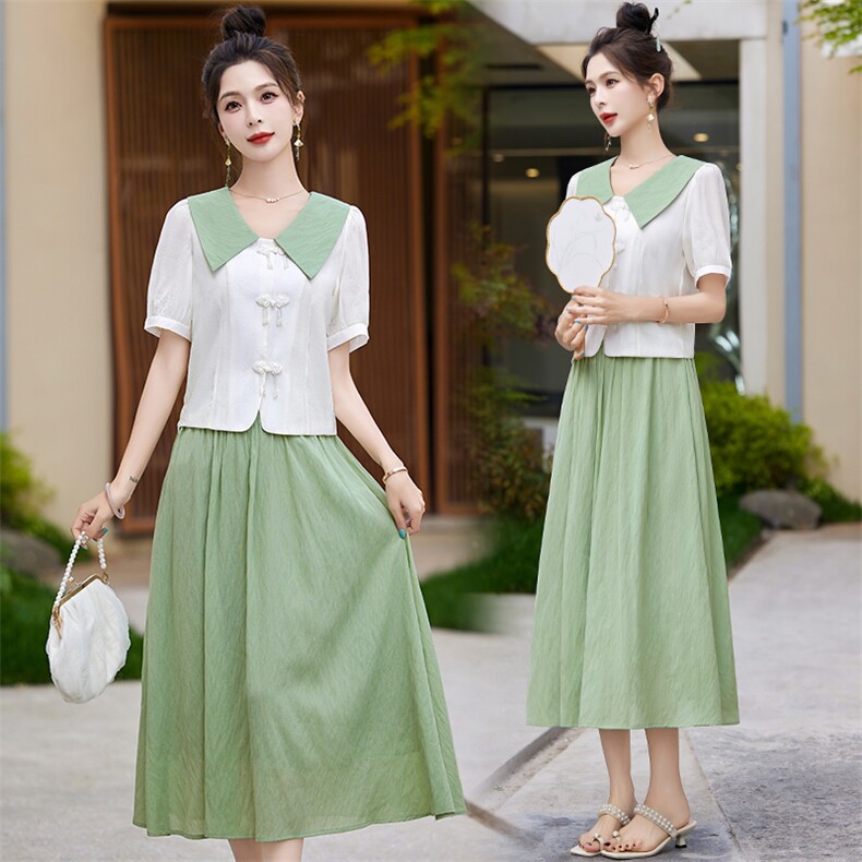 夏季穿搭一整套装女遮肚显瘦新中式国风盘扣印花上衣半身裙两件套，女装套装/套裙，香水丽阁