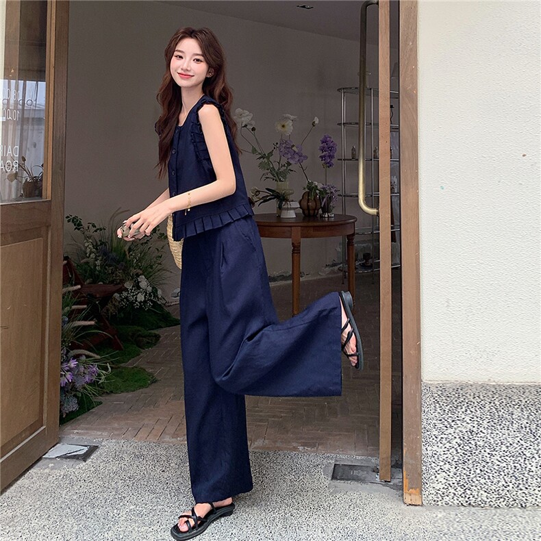 韩系木耳边无袖马甲套装女2025夏季新款气质显瘦百搭阔腿裤两件套,女装套装/套裙,浙宝208A