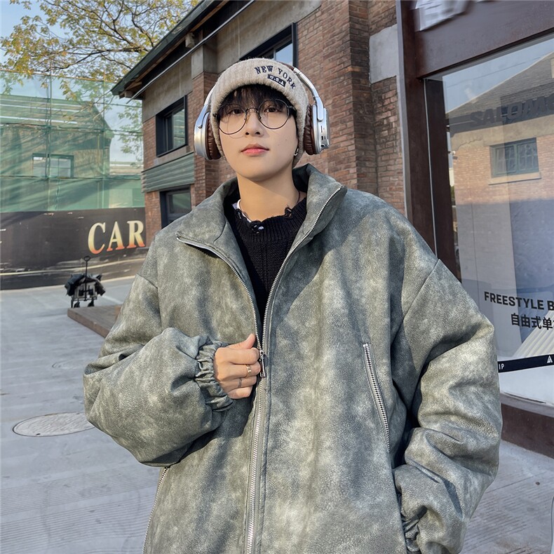 港风PU皮复古做旧双侧金属拉链夹克式加棉棉衣男MY77092P130控198，男装夹克，星座227-7