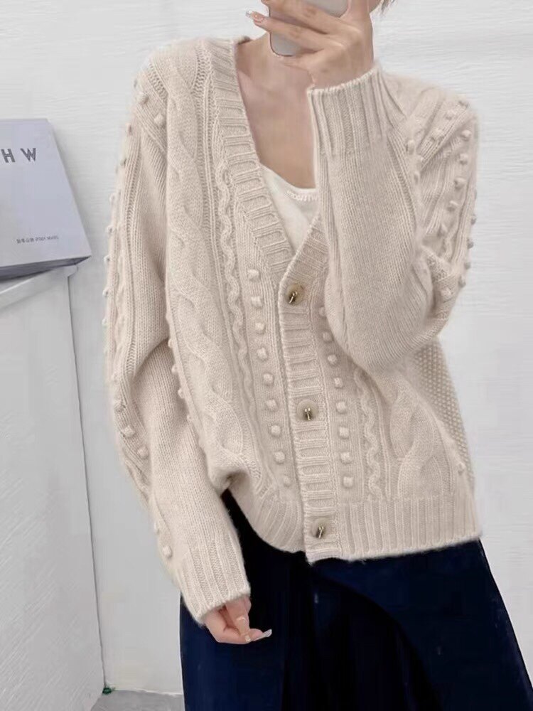 重工提花开衫女35%羊绒衫V领宽松加厚慵懒针织衫外套,女装羊绒衫,以美红杉羊绒