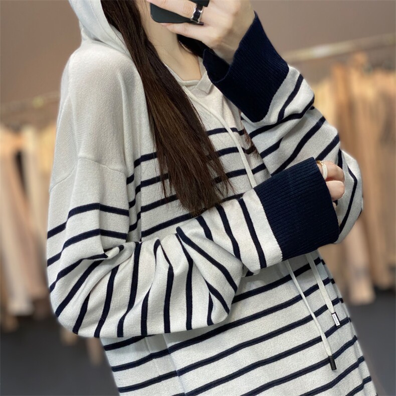 春季新款连帽精纺羊毛衫女帽衫长袖宽松设计感条纹毛衣针织衫卫衣,针织衫/毛衣,雪真羊绒