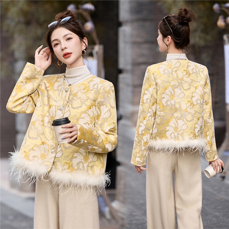 2025秋新中式高级感复古气质提花圆领外套洋气毛毛可拆卸短外套，女装短外套，流量+